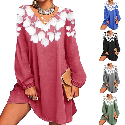 

Women's Casual Dress Shift Dress Mini Dress Black Red Blue Long Sleeve Flower Print Winter Fall Spring V Neck Fashion Daily Loose Fit 2023 S M L XL XXL 3XL 4XL 5XL