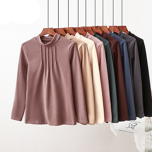 

Women's T shirt Tee dark brown Light Khaki Lotus color Plain Long Sleeve Daily Weekend Basic High Neck Regular 3XL recommends 1550-170 catties