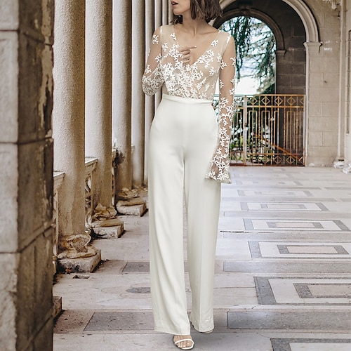 

Sala Sensuale Informale Abiti da sposa Alla caviglia Tute Manica lunga A V Di pizzo Con Di pizzo Con applique 2023 Abiti da sposa