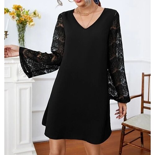 

Women's Lace Dress Shift Dress Mini Dress Black Long Sleeve Pure Color Lace Winter Fall Spring V Neck Classic Daily Weekend Loose Fit 2023 S M L