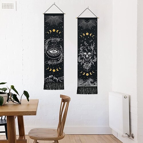 

2 Pack 33x130cm Skull Wall Tapestry Vertical Tapestry Wall Hanging Retro Starry Sky Sun Moon Wall Hanging with Tassel Striped for Room