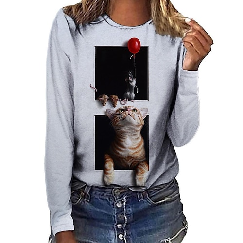 

Women's T shirt Tee Black White Khaki Cat 3D Print Long Sleeve Daily Weekend Basic Round Neck Regular 3D Cat Painting S