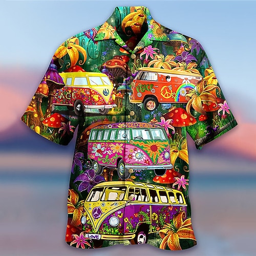 

Men's Shirt Summer Hawaiian Shirt Graphic Prints Hippie Bus Turndown Light Yellow Blue-Green Black Yellow Light Green Casual Hawaiian Short Sleeve Button-Down Print Clothing Apparel Tropical Fashion