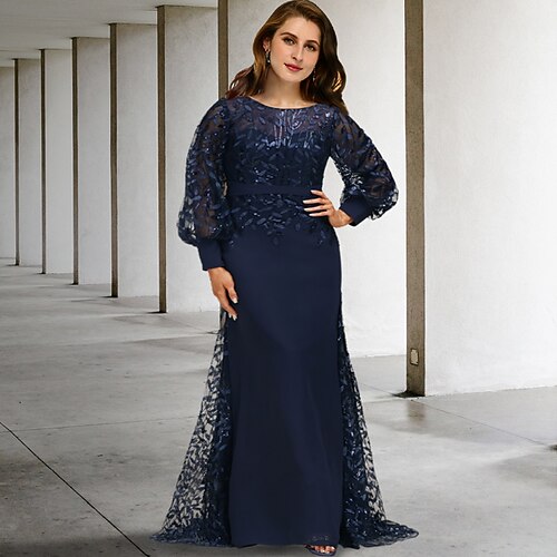 

A sirena Plus Size Curve Abiti per la madre della sposa Vintage Vestito Formale Strascico a terra Manica lunga Con decorazione gioiello Chiffon con Lustrini Con balze 2023