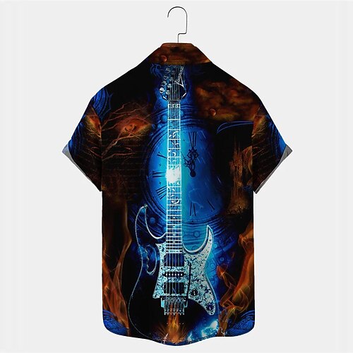 

Men's Shirt Summer Hawaiian Shirt Graphic Prints Guitar Clock Turndown Blue Outdoor Street Short Sleeves Button-Down Print Clothing Apparel Tropical Fashion Hawaiian Designer