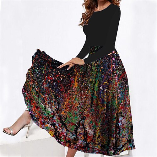

Women's Casual Dress Swing Dress Midi Dress Black Yellow Long Sleeve Ombre Pocket Winter Fall Spring Crew Neck Fashion Daily Weekend 2023 S M L XL XXL 3XL