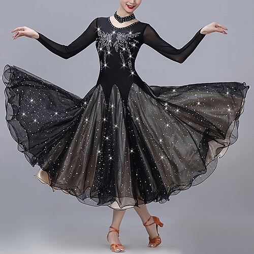 

Ballroom-dans Kjole Tvinning Krystall / Rhinestone Dame Ytelse Trening Langermet Netting Spandex Tyll