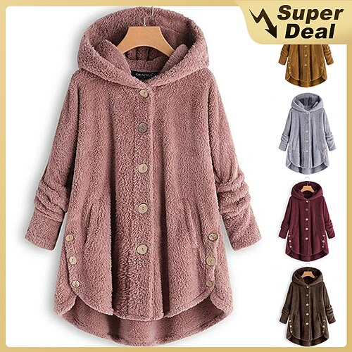

Women's Fleece Jacket Pullover Sherpa Fleece Teddy Zip Up Front Pocket claret turmeric Black Solid Color Street Hoodie Long Sleeve Fleece S M L XL XXL 3XL
