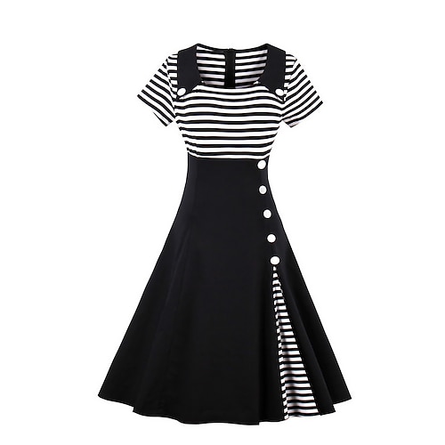 

Mujer vestido de trabajo Vestido vintage Vestido de Columpio Vestido Midi Negro Azul Marino Manga Corta A Rayas Botón Primavera Otoño Invierno Escote Cuadrado Moda Oficina Vestido de verano 2023 S M