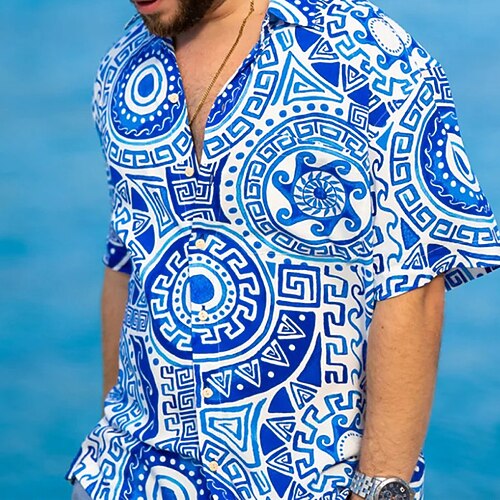 

Men's Shirt Graphic Prints Vintage Geometry Turndown Blue Outdoor Street Short Sleeves Button-Down Print Clothing Apparel Tropical Fashion Designer Hawaiian
