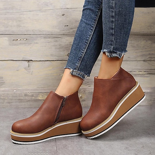 

Women's Boots Platform Boots Plus Size Outdoor Daily Booties Ankle Boots Fall Platform Wedge Heel Round Toe Vintage Casual Minimalism Walking PU Zipper Light Brown Dark Brown Black