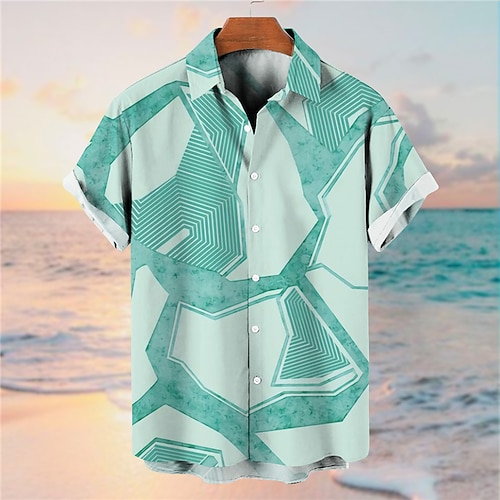 

Men's Shirt Graphic Prints Geometry Turndown Blue Fuchsia Green 3D Print Street Daily Short Sleeves Button-Down Print Clothing Apparel Tropical Fashion Designer Hawaiian