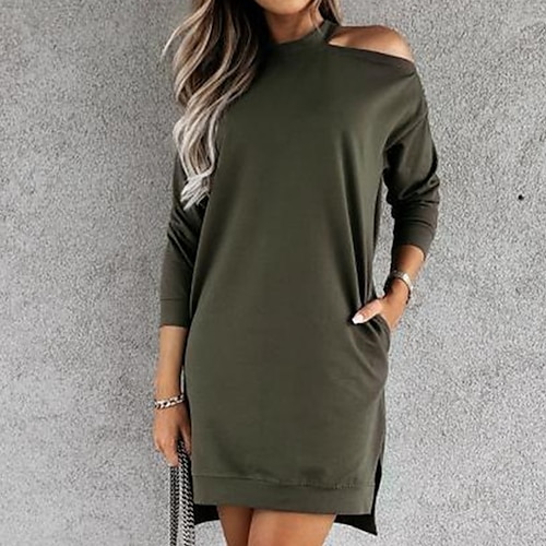 

damen casual pullover kleid shifter kleid mini pullover kleid schwarz grün khaki langarm reine farbe tasche winter herbst frühling stehkragen mode daily 2023 s m l xl xxl