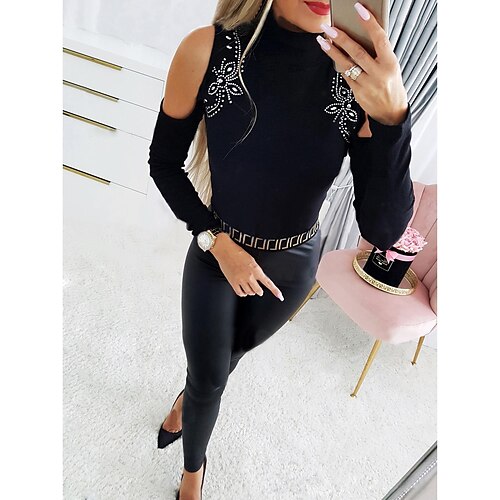 

Women's Shirt Blouse Black Red Blue Plain Cut Out Rhinestone Long Sleeve Casual Basic High Neck Regular Cotton S