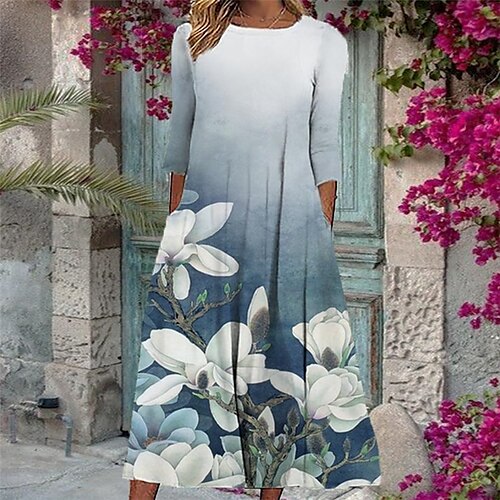 

Women's Casual Dress Shift Dress Swing Dress Midi Dress Blue Light Blue 3/4 Length Sleeve Floral Ruched Winter Fall Spring Crew Neck Fashion Daily 2023 S M L XL XXL 3XL