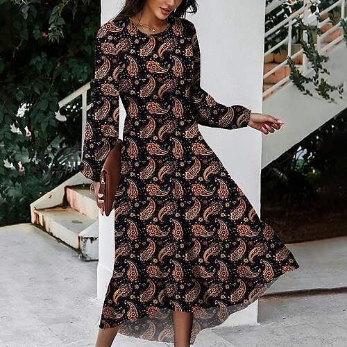 

Women's Casual Dress Swing Dress Midi Dress Blue Brown Long Sleeve Flower Pocket Winter Fall Spring Crew Neck Basic Daily Vacation Weekend 2023 S M L XL 2XL 3XL