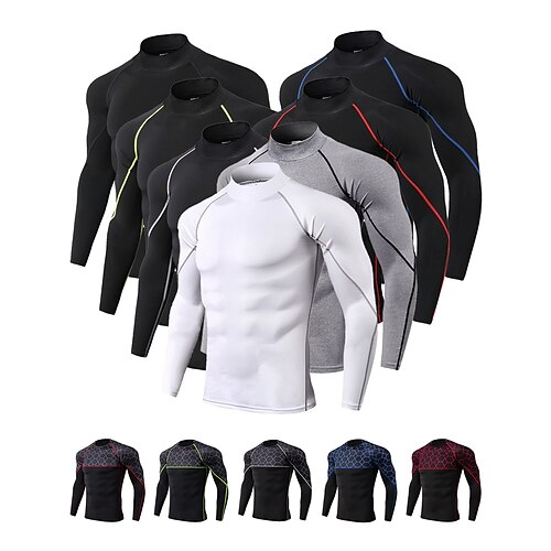 

Men's Compression Shirt Running Shirt Stripe-Trim Reflective Strip Long Sleeve Compression Clothing Athletic Winter High Neck Spandex Breathable Moisture Wicking Soft Running Active Training Jogging