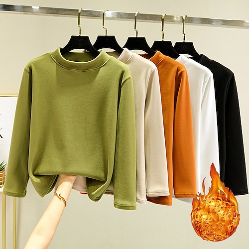 

Women's T shirt Tee caramel colour Korean pink Mustard green Plain Long Sleeve Daily Basic Round Neck Regular Fleece lined L (recommended 100-120 catties)