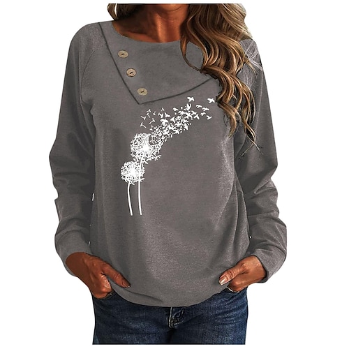 

Women's Blouse Black Wine Gray Dandelion Button Print Long Sleeve Casual Holiday Basic Round Neck Regular Cotton Floral S