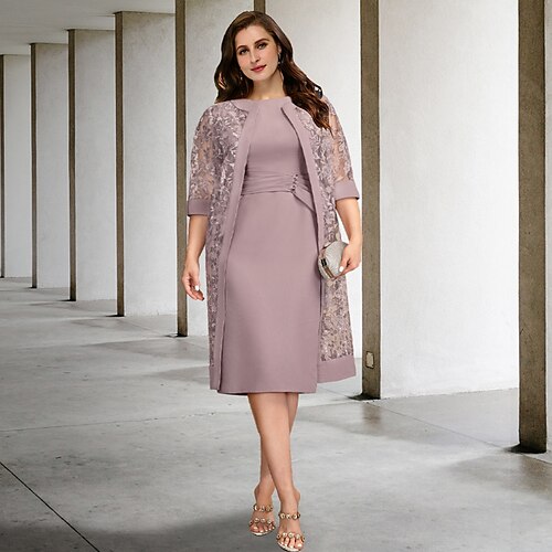 

Todelt A-linje Plus Size Curve Mother of the Bride-kjoler Elegant Kjole Formell Knelengde Kortermet Besmykket Chiffon med Bølgemønster Overskjørt Med stropper 2023