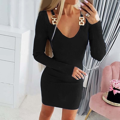 

Women's Party Dress Bodycon Sheath Dress Mini Dress Black Blue Long Sleeve Pure Color Hollow Out Winter Fall Spring V Neck Fashion Party Vacation Weekend 2023 S M L XL XXL
