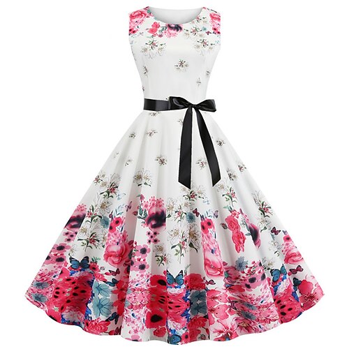 

Women's Swing Dress Vintage Dress Mini Dress Black And White Black Pink Sleeveless Floral Ruched Winter Fall Spring Crew Neck Fashion Vacation Weekend 2023 Style S M L XL XXL