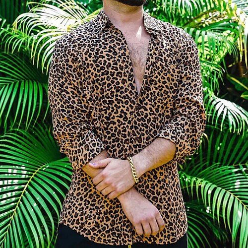 

Men's Shirt Leopard Graphic Prints Turndown Yellow Street Casual Long Sleeve Button-Down Print Clothing Apparel Tropical Fashion Streetwear Designer