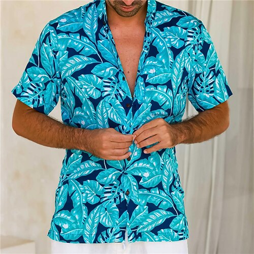 

Men's Shirt Graphic Prints Leaves Turndown Blue Outdoor Street Short Sleeves Button-Down Print Clothing Apparel Tropical Fashion Designer Hawaiian
