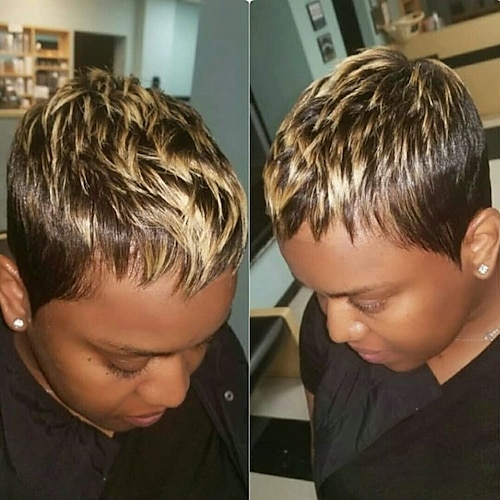 

Short Pixie Cut Wig Human Hair for Black Women Remy Human Hair Wig Cute Cheap Wig for Party Black mix Blonde
