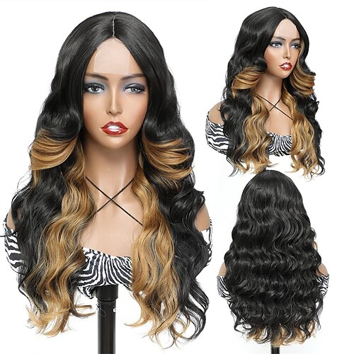 

blond skunk stribe paryk lang sort bølget paryk med blond highlight lange lag parykker til sorte kvinder 24 tommer body wave syntetisk paryk til halloween fest dagligt slid