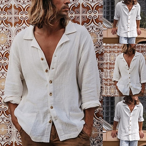 

Herre Button Up skjorte Sommer skjorte Casual skjorte Lejrskjorte Cubansk skjorte Hvid Langærmet Vanlig Knaphul udendørs Dagligdagstøj Lomme Tøj Afslappet Komfort Løstsiddende