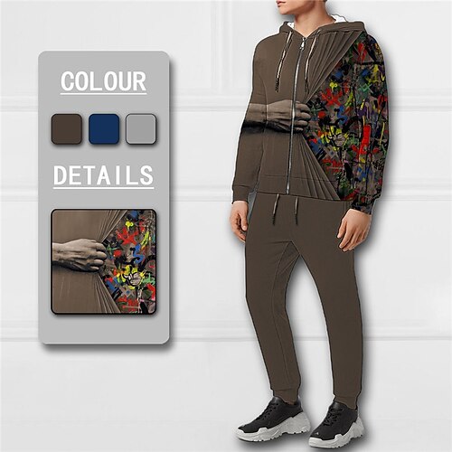

Men's Tracksuit Hoodies Set Full Zip Hoodie Navy Blue Coffee Gray Hooded Graphic Graffiti Hand Zipper 2 Piece Print Sports Outdoor Casual Sports 3D Print Basic Streetwear Designer Fall Spring