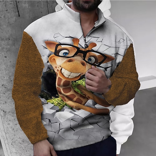 

Men's Zip Up Sweatshirt Pullover Brown Half Zip Animal Giraffe Graphic Prints Zipper Print Daily Sports 3D Print Basic Designer Casual Spring Fall Clothing Apparel Hoodies Sweatshirts