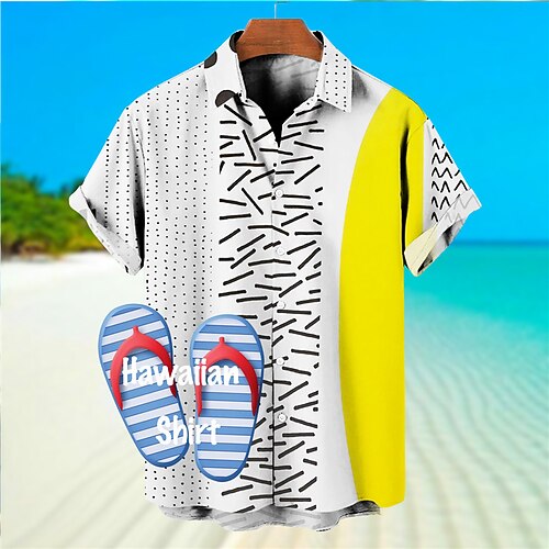 

Men's Shirt Graphic Prints Geometry Turndown Yellow Blue Street Casual Short Sleeves Button-Down Print Clothing Apparel Tropical Fashion Designer Hawaiian