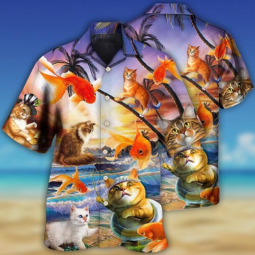 

Men's Shirt Summer Hawaiian Shirt Cat Graphic Prints Koi Turndown Yellow Casual Holiday Short Sleeve Button-Down Print Clothing Apparel Tropical Fashion Hawaiian Soft