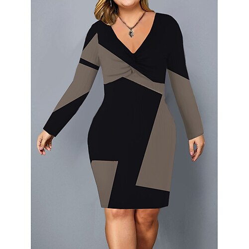 

Women's Casual Dress Bodycon Sheath Dress Mini Dress Black Red Khaki Long Sleeve Color Block Print Winter Fall Spring V Neck Fashion Daily 2022 XS S M L XL XXL 3XL 4XL 5XL 6XL