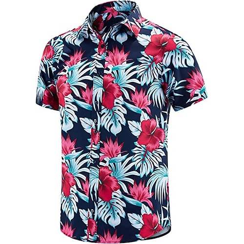 

Men's Shirt Aloha Shirt Floral Graphic Prints Leaves Turndown Blue Red Navy Blue 3D Print Outdoor Street Short Sleeves Button-Down Print Clothing Apparel Tropical Designer Casual Hawaiian