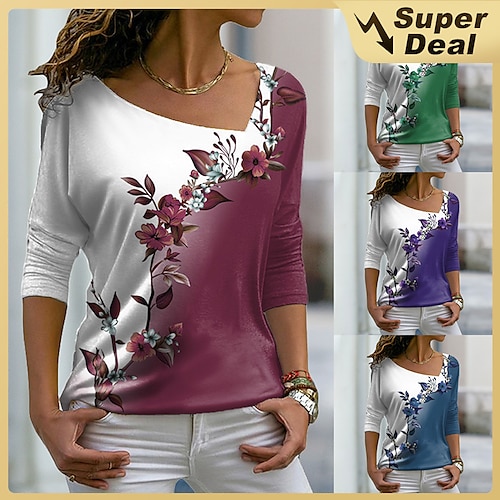 

Women's T shirt Tee Green Blue Purple Graphic Floral Print Long Sleeve Casual Weekend V Neck Regular Floral Painting S