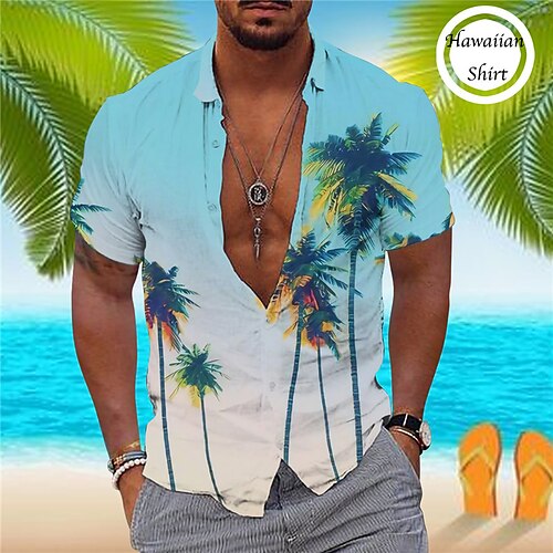 

Men's Shirt Coconut Tree Graphic Prints Turndown Blue Gray Street Casual Short Sleeves Button-Down Print Clothing Apparel Tropical Fashion Designer Hawaiian