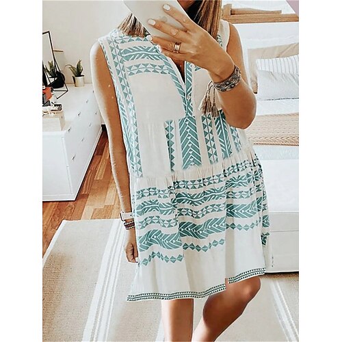 

Women's Casual Dress Shift Dress Mini Dress Green Sleeveless Geometric Print Winter Fall Spring V Neck Fashion Daily 2022 S M L XL XXL 3XL