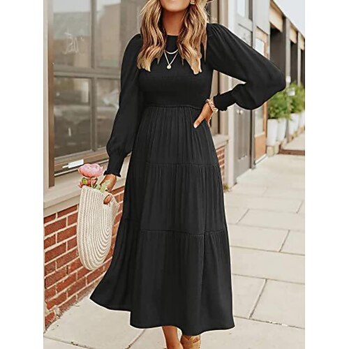 

Women's Casual Dress Swing Dress Midi Dress Black Red Dark Green Long Sleeve Pure Color Ruched Winter Fall Spring Crew Neck Classic Daily Weekend Slim 2023 S M L XL 2XL