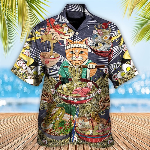 

Men's Shirt Summer Hawaiian Shirt Cat Food Graphic Prints Turndown Navy Blue Casual Holiday Short Sleeve Button-Down Print Clothing Apparel Tropical Fashion Hawaiian Soft