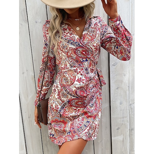 

Women's Casual Sweater Dress Sheath Sweater Dress Floral Sweater Dress Mini Sweater Dress Wine Long Sleeve Flower Lace up Summer Spring V Neck Fashion Loose Fit 2023 S M L XL