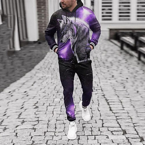 

Men's Tracksuit Hoodies Set Purple Hooded Graphic Wolf 2 Piece Print Sports Outdoor Casual Sports 3D Print Basic Streetwear Designer Fall Spring Clothing Apparel Hoodies Sweatshirts
