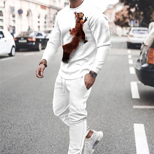 

Men's Tracksuit Sweatsuit Hoodies Set White Crew Neck Graphic Animal Squirrel 2 Piece Print Sports Outdoor Casual Sports 3D Print Basic Streetwear Sportswear Fall Spring Clothing Apparel Hoodies