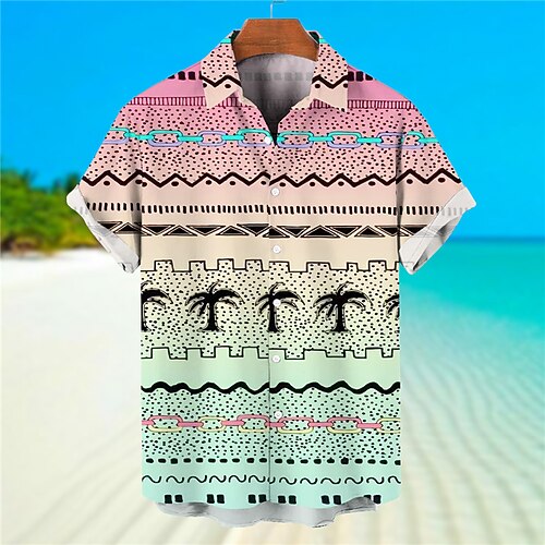 

Men's Shirt Summer Hawaiian Shirt Coconut Tree Graphic Prints Geometry Turndown Pink Green Street Casual Short Sleeves Button-Down Print Clothing Apparel Tropical Fashion Hawaiian Designer
