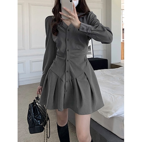 

Women's Casual Dress Shirt Dress Mini Dress Dark Gray Long Sleeve Pure Color Ruched Winter Fall Spring Shirt Collar Classic Daily Date 2023 S M L XL