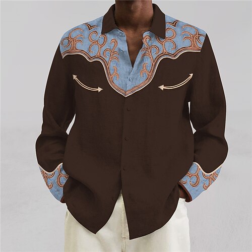 

Men's Shirt Western Shirt Graphic Prints Turndown Navy Blue Brown 3D Print Outdoor Street Long Sleeve Button-Down Print Clothing Apparel Fashion Designer Casual Soft