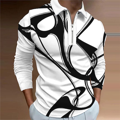 

Men's Polo Shirt Golf Shirt Abstract Graphic Prints Turndown Black White Yellow Blue Sky Blue 3D Print Outdoor Street Long Sleeve Zipper Print Clothing Apparel Sports Fashion Streetwear Designer