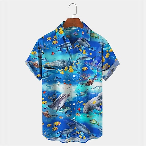 

Men's Shirt Summer Hawaiian Shirt Shark Graphic Prints Ocean Marine Life Turndown Blue Outdoor Street Short Sleeves Button-Down Print Clothing Apparel Tropical Fashion Hawaiian Designer